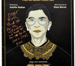 photo of Ruth Bader Ginsburg on sheet music for I'll Fight from the movie RBG