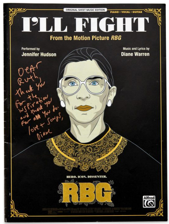 photo of Ruth Bader Ginsburg on sheet music for I'll Fight from the movie RBG