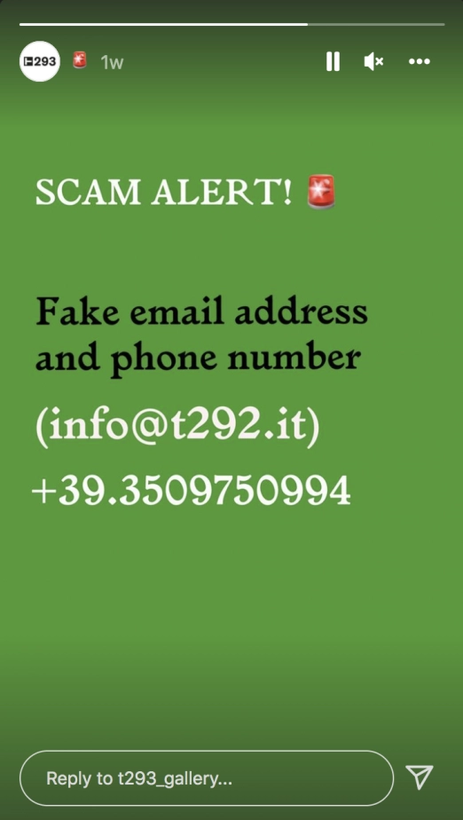 Instagram screen shot noting fake email address and phone number