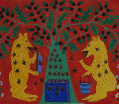 A naive-style painting of bears collecting honey from an apiary