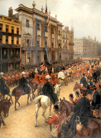 horses, riders and a coffin traveling down a street - Ernest Croft’s Funeral of Her late Majesty Queen Victoria - British and European Painting