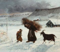 A peasant woman hauls a bundle of kindling on her back, trudging through the snow accompanied by her young daughter and a goat that she’s pulling on a rope