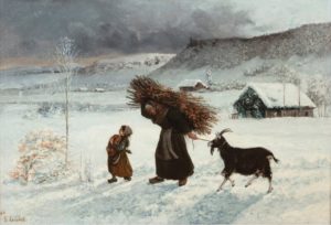 A peasant woman hauls a bundle of kindling on her back, trudging through the snow accompanied by her young daughter and a goat that she’s pulling on a rope