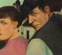 A painting of a man and woman looking over their shoulders against houses in the background