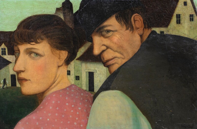 A painting of a man and woman looking over their shoulders against houses in the background