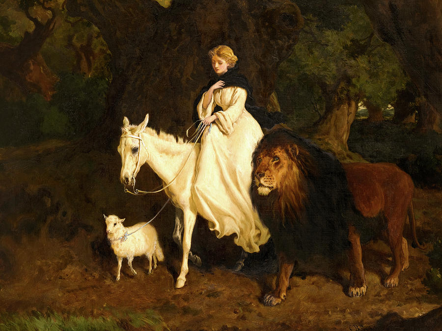 A girl on a white horse with a lamb and lion walking next to her - Charles Burton Barber’s The Lamb with the Lion - British and European Painting