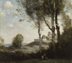 A landscape of the Italian town of Volterra in Tuscany, with a group of boys climbing a tree, done by Jean-Baptiste-Camille Corot, sold at Christie's