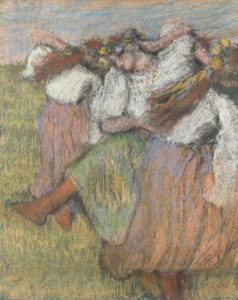 An impressionist pastel drawing by Degas of peasant folk dancers from Ukraine