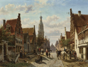 A street scene of the Dutch town of Enkuizen by the cityscape painter Cornelis Springer, sold at Christie's