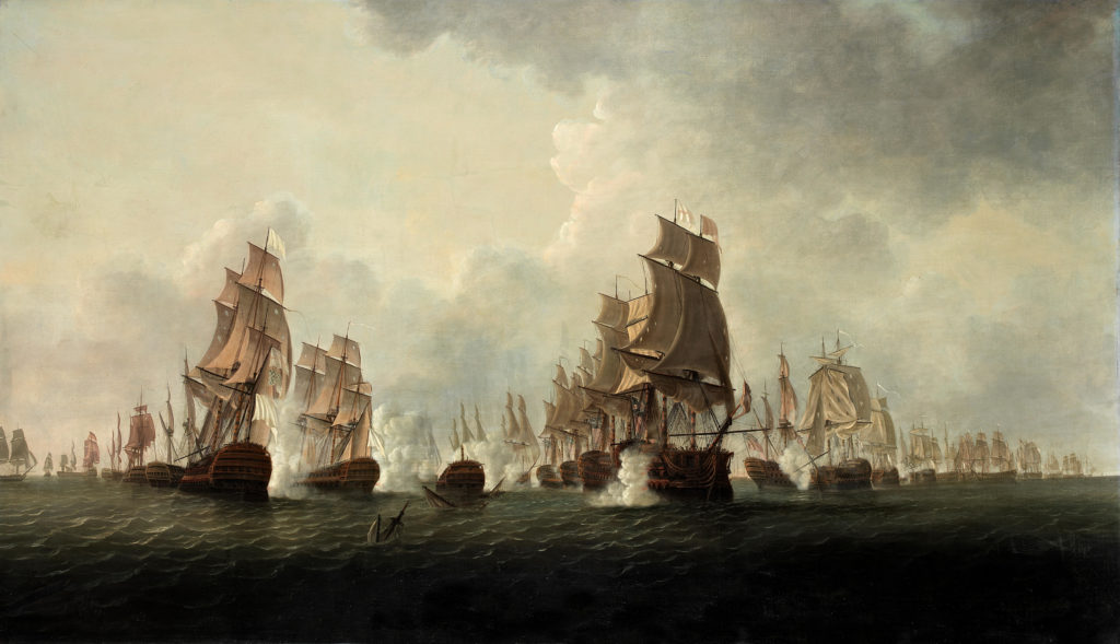 An 18th century naval battle scene painted by William Elliott showing the Battle of the Saintes between the British and the French during the American Revolutionary War, sold at Bonhams