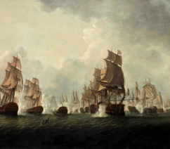 An 18th century naval battle scene painted by William Elliott showing the Battle of the Saintes between the British and the French during the American Revolutionary War, sold at Bonhams