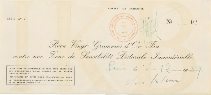 paper receipt from Yves Klein from 1959