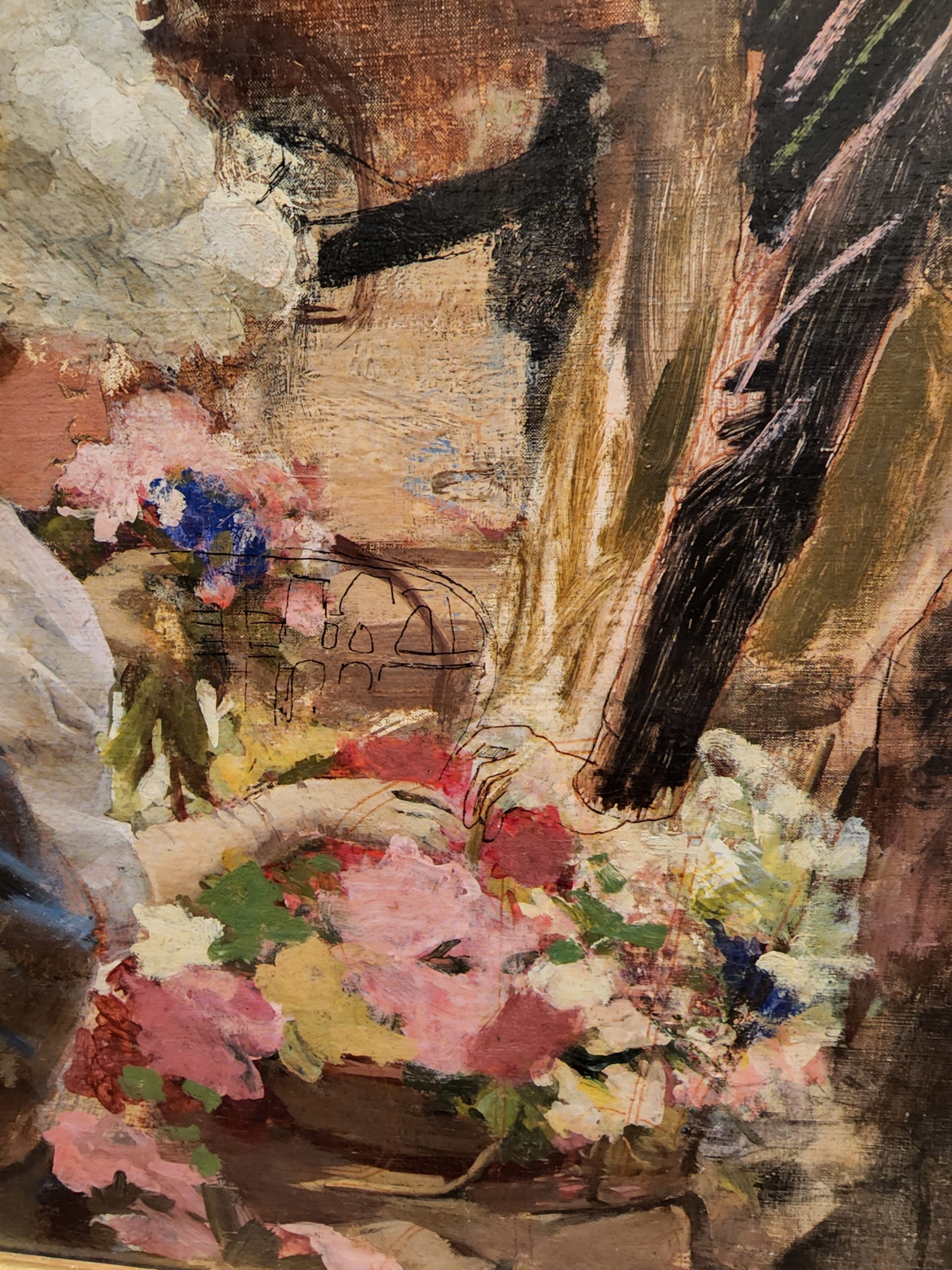 detail of a painting showing hands and flowers