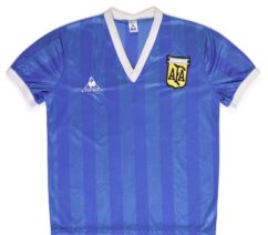 Blue stripe soccer jersey worn by Diego Madadora in the 1986 World Cup
