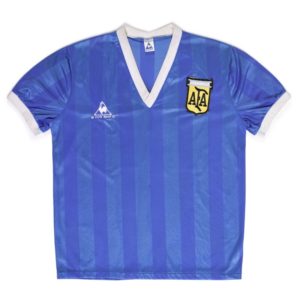 Blue stripe soccer jersey worn by Diego Madadora in the 1986 World Cup