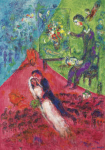 A painting by Marc Chagall sold at Christie's London showing a married couple and a painter among three colors
