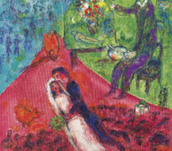 A painting by Marc Chagall sold at Christie's London showing a married couple and a painter among three colors