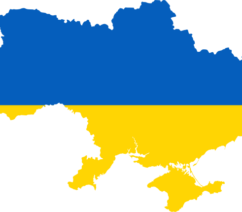 An outline of Ukraine colored with the colors of Ukraine's flag