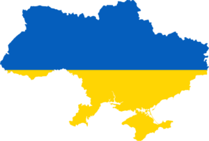 An outline of Ukraine colored with the colors of Ukraine's flag