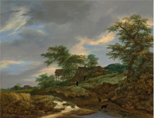 A wooded landscape with a man and two dogs on a path, a cottage beyond by Jacob van Ruisdael, sold at Christie's