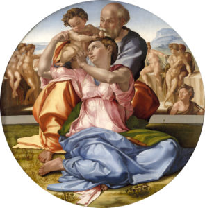 The Doni Tondo, painted by Michelangelo Buonarroti, in the collection of the Uffizi Gallery in Florence 