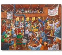 Solid Rock Congregation by Ernie Barnes, sold at Bonhams New York, commissioned by Margaret Bell-Byars in 1983