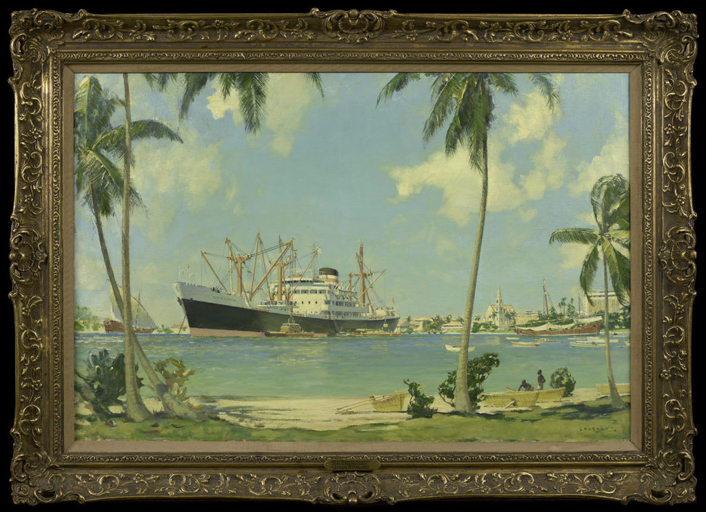 painting of a ship in a harbor