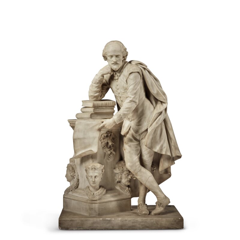 Marble Figure of Shakespeare Leaning on a Pedestal, probably English, after Peter Scheemakers, late 19th century 