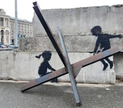 Graffiti art in Kyiv, Ukraine by the British street artist Banksy entitled Children of War