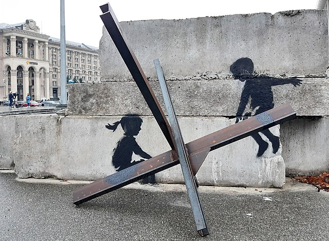 Graffiti art in Kyiv, Ukraine by the British street artist Banksy entitled Children of War