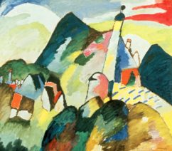 An abstract work of a town surrounded by green hills. In the foreground, the white spire of a church rises up into a blue and red sky.