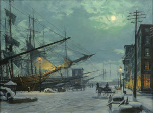 John Stobart - South Street, New York, 1895 - South Street Seaport moonlight scene in winter