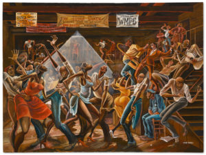 An interior scene of a dance hall, with a crowd of primarily Black men and women freely dancing to the music of a band on the right-hand side featuring a guitarist, brass players, and a singer. A banner hangs in the rafters reading "Welcome to the Sugar Shack. Dancing Every Friday Saturday Night."