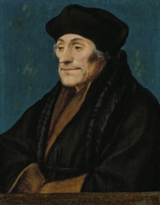 A half-length portrait of the sixteenth-century philosopher and theologian Desiderius Erasmus against a blue background, dressed in a fur-lined black coat with a black cap.