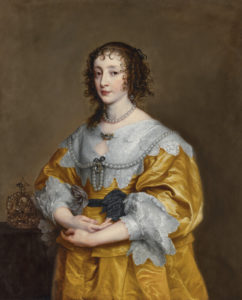 A portrait of Queen Henrietta Maria, wife and consort of King Charles I of England. She wears a bright yellow dress, with a black ribbon about her waist and a string of pearls decorating her white lace collar. Behind her to the left, a crown sits upon a table, representing the royal authority of her husband.