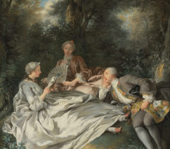 A scene of forrest grove where a pair of ladies and a man in mid-eighteenth century dress lounge in the grass. One of the ladies is reading from a book, presumably aloud to her companions.
