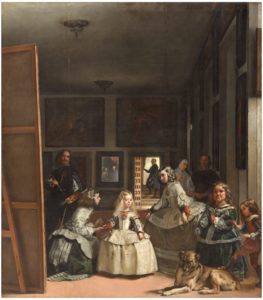 A group of young girls in wide seventeenth-century dresses and skirts. Off to the left, the artist has painted himself peering out from behind a canvas and an easel with a paintbrush and a palette. On the far wall, a mirror shows that you are seeing this from the view of the King and Queen of Spain sitting for their portrait while your daughter and her handmaidens look on.