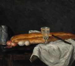 A still life painting of a tabletop with some baguettes, eggs, onions, a metal pitcher, a glass, and a knife
