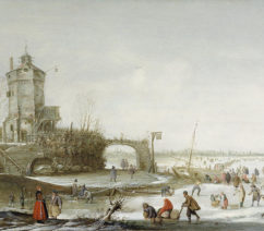 A Dutch landscape from the 17th century showing townspeople at the edge of a river or lake enjoying a winter day by skating on the frozen ice