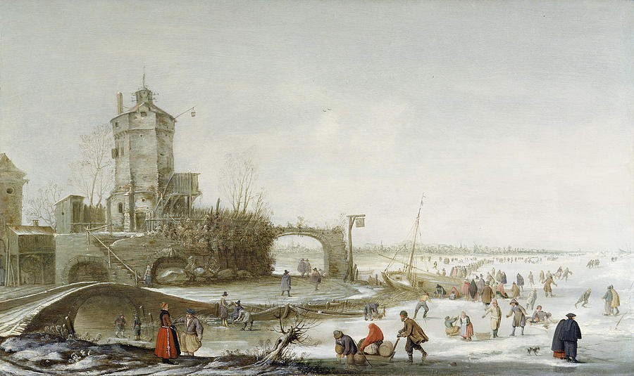 A Dutch landscape from the 17th century showing townspeople at the edge of a river or lake enjoying a winter day by skating on the frozen ice