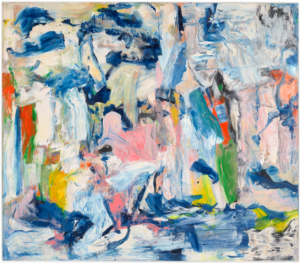 An abstract expressionist work of an array of colors, mainly white and blue with touches of pink, red, and green throughout