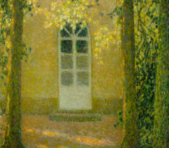 A painting of a white doorway in a stone house flanked by a pair of thin trees with green and gold leaves