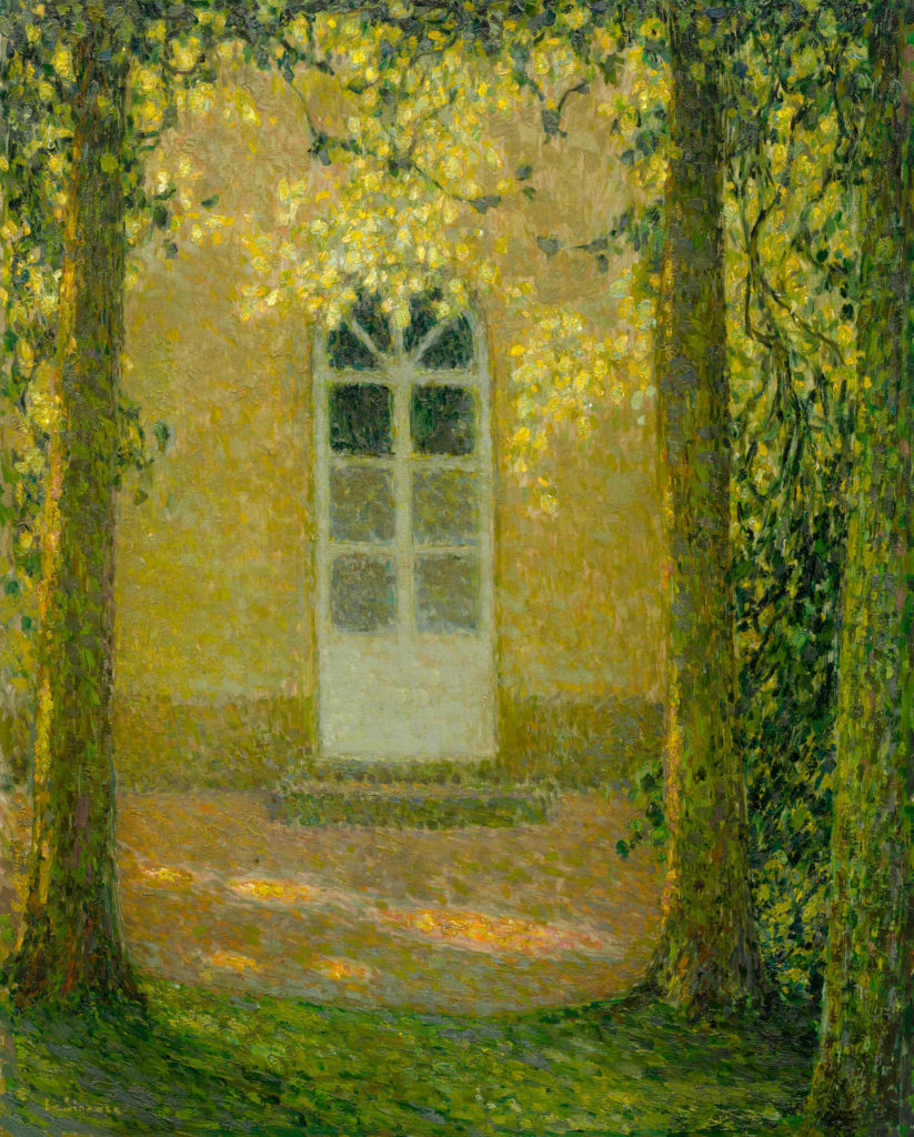 A painting of a white doorway in a stone house flanked by a pair of thin trees with green and gold leaves