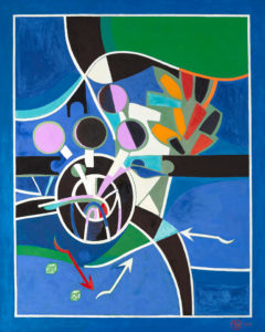 An abstract painting of different black, white, and pink circles with red and white arrows and other colorful shapes on a segmented blue background