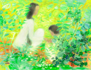 A painting featuring a dark-haired woman on the left sitting next to what looks like a small child on the right. They face away from the viewer and they seem surrounded by bright green leaves with red flowers, as if the viewer is spotting the pair through a bush or some undergrowth