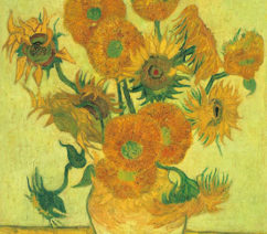 A still-life painting of a ceramic vase with a number of sunflowers in bloom against a pale yellow background