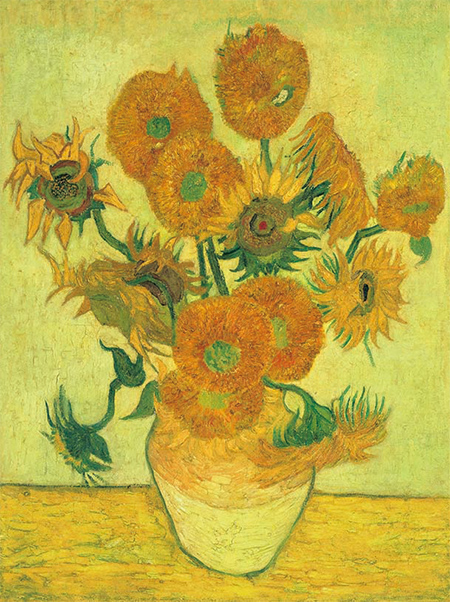 A still-life painting of a ceramic vase with a number of sunflowers in bloom against a pale yellow background