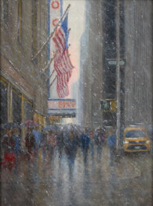 Mark Daly's Radio City Music Hall, First Snow - New York street scene with snow and flags