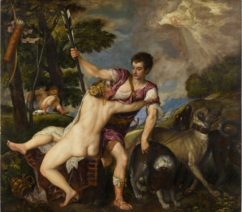 A mythological scene of the young hunter Adonis pulling himself away from his lover, the goddess Venus. Adonis holds a spear in one hand and the leash in the other, reining in his three hounds. In the background, among the hills and trees, Venus's son Cupid lies asleep under a tree with his bow and arrow hanging from a branch, while Apollo is seen shining among the clouds, representing the dawn.