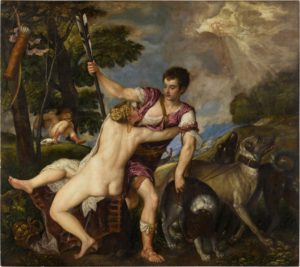 A mythological scene of the young hunter Adonis pulling himself away from his lover, the goddess Venus. Adonis holds a spear in one hand and the leash in the other, reining in his three hounds. In the background, among the hills and trees, Venus's son Cupid lies asleep under a tree with his bow and arrow hanging from a branch, while Apollo is seen shining among the clouds, representing the dawn.
